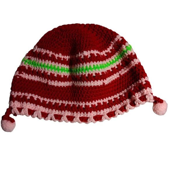 Vintage Handmade Crochet Hat Red White Green Striped Pattern With Pom-Pom Trim - Picture 2 of 10